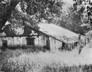 Exterior view of the adobe stage station in San Francisquito Canyon, 1942