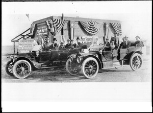 Automobiles outside of the first Van Nuys tract office on the corner of Sherman Way and Virginia Street, Los Angeles, 1912