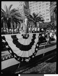 Los Angeles Mayor Fletcher Bowron speaking at the groundbreaking ceremony for the Pershing Square parking garage, 1951