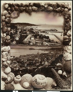 A collage, showing two images of a shoreline in Astoria, Oregon