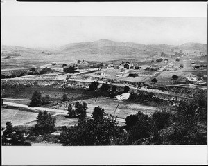 Panoramic view of Garvanza looking north from Sugarloaf Hill, showing the villa across from the Arroyo Seco, ca.1886