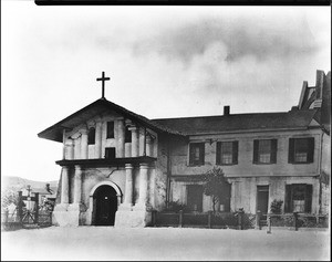 Exterior view of the church and priest's residence at Mission San Francisco de Asis (Dolores), ca.1880