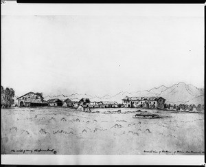 Drawing by Henry Chapman Ford showing an external view of the Mission San Fernando Rey de España, ca.1883