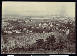 Birdseye view of Saratoga and the Santa Clara Valley, California, on the First Blossom Festival Day, ca.1900