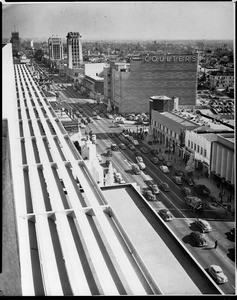 Birdseye view of Wilshire Boulevard, looking east along the Miracle Mile, showing Coulters, ca.1948