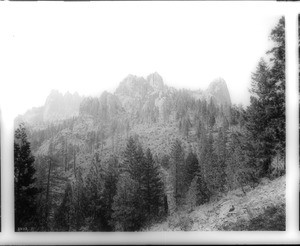 View of the rough terrain on the side of a mountain, near Castle Craig (?), Shasta County, ca.1900-1940