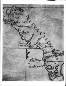 Close-up of the upper portion of a map of "California Antigua y Nueva" showing the missions and Camino Real, published 1787