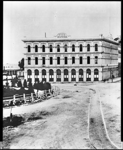 Exterior view of the Pico House and Plaza, Sonora Town, ca.1878