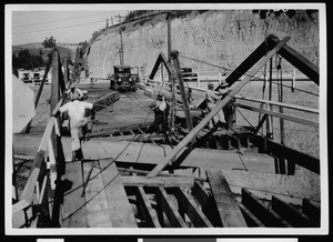 View of the construction of a wooden bridge in Los Angeles