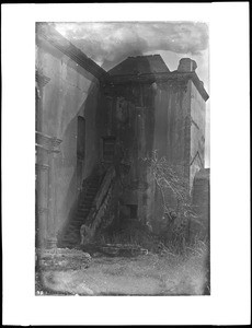 Exterior view of the Mission San Luis Rey de Francia, showing staircase, ca.1887