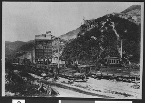 Trolley cart near a rock quarry, Brush Canyon, 1909