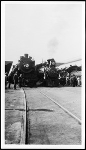 Two locomotives at the celebration of the fiftieth anniversary of the transcontinental railroad's arrival in California, 1927