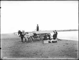 Small outboard before being launched at Needles in the Colorado River, ca.1900