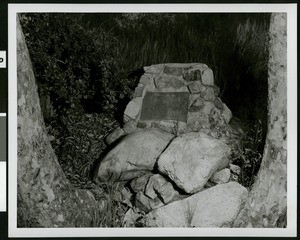 Marker in Placerita Canyon indicating the site of gold discovery in 1842, ca.1900-1940