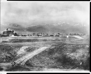 Panoramic view of the ruins of the San Bernardino Mission and Barton Villa, 1890