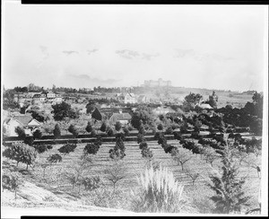 The first Raymond Hotel (opened 1885) seen from a distance, South Pasadena, ca.1898