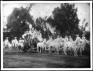 Six-white-horse-drawn coach, La Fiesta de Los Angeles, 1897