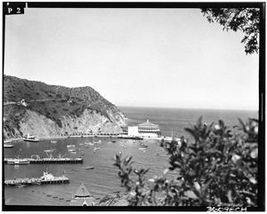 Birdseye view of Avalon harbor, showing the Casino