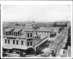 Ward Block on Colorado Boulevard looking west, containing the Grand Hotel and the Pasadena Bank, 1884