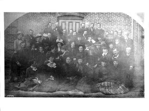 Group portrait of attendees at a meeting of the Los Angeles City Teachers' Institute at the State Normal School building, 1886