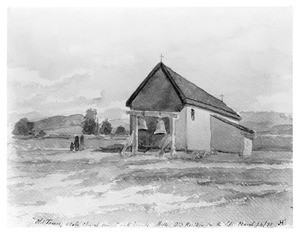 Painting depicting the exterior of the Old Town adobe church "covered with boards", March 24, 1893