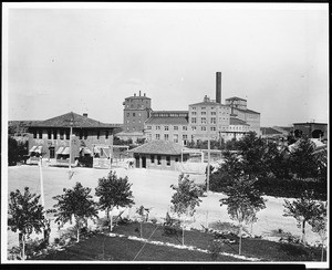 Exterior view of the Holly Sugar Plant in Huntington Beach, ca.1910