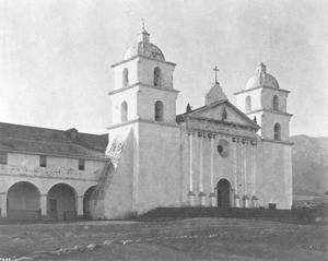 Exterior view of the front entrance to the Mission Santa Barbara, taken by Edward Vischer, before 1875