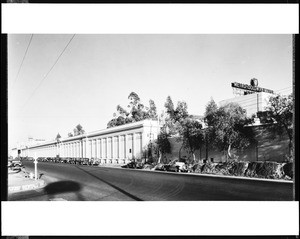 Exterior view of the north face of Metro Goldwyn Mayer Studio on West Washington Boulevard in Culver City, ca.1935