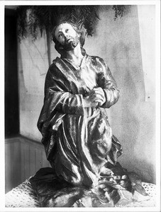 Statue of "El Salvadore" (Christ's agony in the garden) at Mission San Diego de Alcala, ca.1905