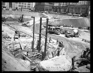 Large cylindrical support being built at City Garage in Pershing Square, Los Angeles, 1951