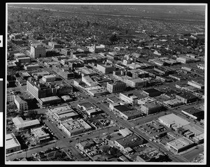 Aerial view of Bakersfield's downtown area, January 7, 1953