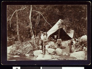 California Governor Henry Markham at his fishing camp on the West Fork of San Gabriel River, ca.1896