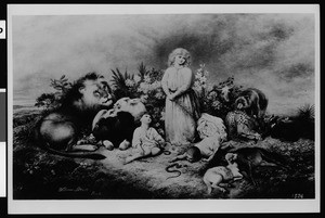 The painting "When Love Reigns" by Strutt depicting children surrounded by beasts