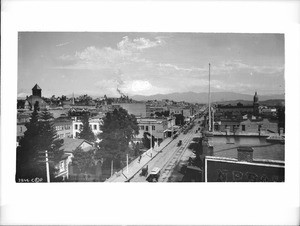 Panoramic view of downtown Los Angeles along Main Street, looking north from the Hotel Westminister at Fourth Street, ca.1888-1890