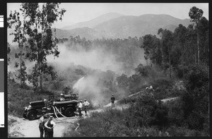 Fire fighters putting out a blaze in the forest, ca.1930