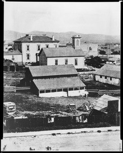 Downtown Los Angeles looking northeast from Court House Hill, ca.1874