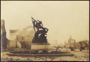 San Francisco earthquake damage, showing the wholesale district from Donohue's Fountain at Market and Battery Streets, 1906