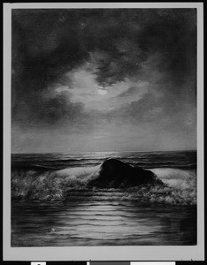 The painting "Moonlit Sea" by Hoover, depicting waves crashing into shallow water