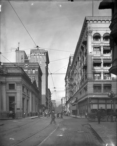 View of downtown Los Angeles, looking west down 4th street from the corner of 4th street and Main street
