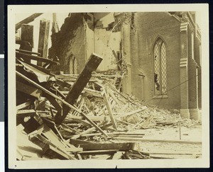 Exterior view of the First Presbyterian Church after the 1906 earthquake in San Jose, April, 1906