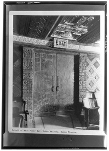 View of the main floor exit beneath the balcony of the Mayan Theater, ca.1925