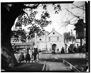 Exterior view of the Plaza Church from across the street, Los Angeles