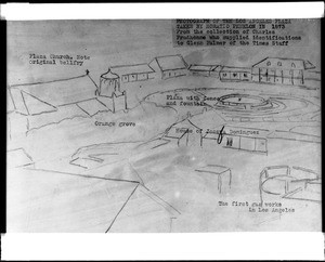 Line drawing of the Los Angeles Plaza based on a photo by Horation Penelon, ca.1871