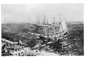 Painting by Alson Clark, "Commodore Sloat Taking Monterey", depicting two ships releasing row boats to the shore, ca.1900