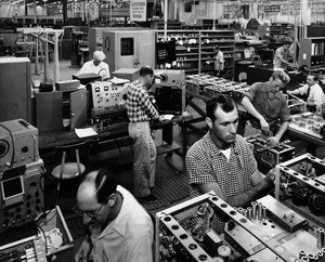 Interior view of the electronic assembly area at the Bendix-Pacific factory in Los Angeles, 1950-1960