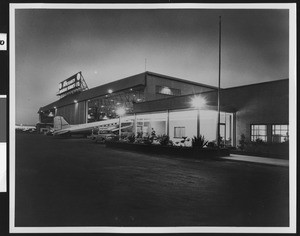 A night view of the administration building lobby of Garret Corporation's AiResearch Aviation Service Division, Los Angeles International Airport, ca.1950