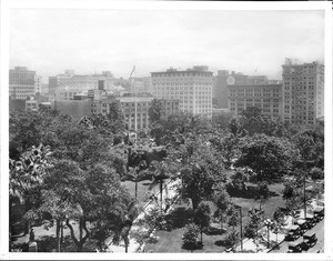 Birdseye view of Pershing Square looking southeast from the corner of 5th Street and Olive Street, Los Angeles, ca.1926