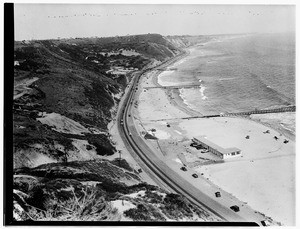 Birdseye view of three piers near Pacific Coast Highway