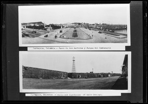 Composite of two views showing Paseo de los Martires and a lighthouse of Santo Domingo, Cartagena, Colombia