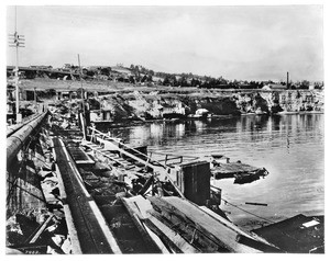 View looking inland to San Pedro from the breakwater, Los Angeles, 1920